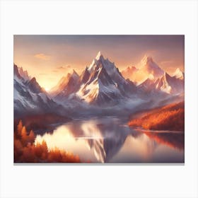 Realistic Towering Snow Capped Mountains, Sunrise, Warm Colors, Lake In The Foreground, Bird S Eye View  Canvas Print