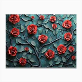 3d Texture of Branches with Red Roses and Leaves Canvas Print