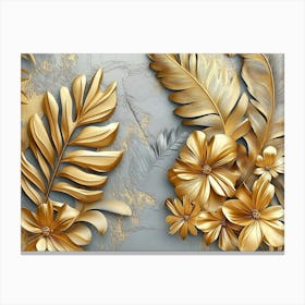 Gold Floral Plants and Palm Leaves with 3d Tropical Leaves and Banana Leaves Canvas Print