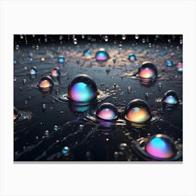 Colorful, Iridescent Water Droplets Form Spheres Of Various Sizes On A Dark, Reflective Surface, Creating Ripples And Reflections Canvas Print