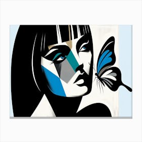 Classic Modern Abstract Female Portrait with Butterfly in Black & Blue Canvas Print