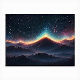 A Landscape Of Dark Mountains With A Glowing, Fiery Eruption On The Peak Of The Tallest Mountain Canvas Print