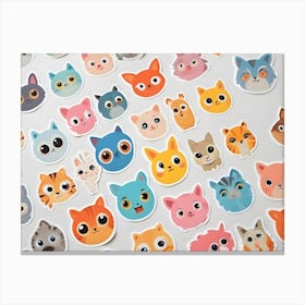 An Image Of A Collection Of Cute, Colorful Cartoon Cat Faces Arranged In A Random Pattern On A White Background Canvas Print