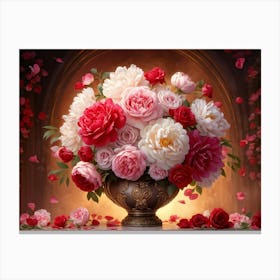 Digital Art Of A Large Vase Brimming With Roses And Peonies Bathed In Soft Lighting Palette Of Ric Canvas Print