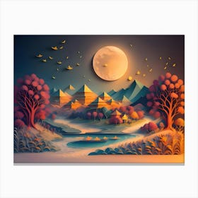 A landscape made of cut paper. Moon shining on mountains, trees and a pond. Birds in the sky. Canvas Print