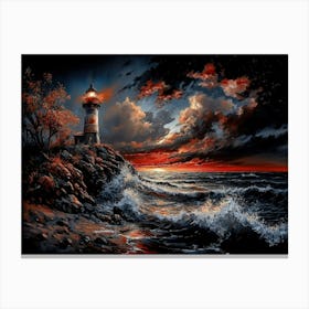 Twilight Beacon: Impressionistic Lighthouse Overlooking Melancholic Sunset Canvas Print