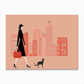 Woman Walking Her Cat Canvas Print