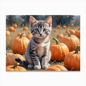 Cute Kitten In A Pumpkin Patch 1 Canvas Print