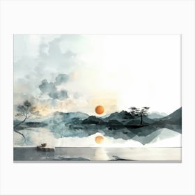 Lake, single tree, Japanese Style, minimalistic, watercolor, blue and grey Canvas Print