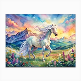 Watercolor Painting Of A White Horse Running Through A Mountain Landscape Canvas Print