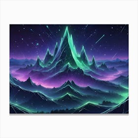 A Glowing, Green Wireframe Mountain Range Under A Starry Night Sky With Shooting Stars Canvas Print