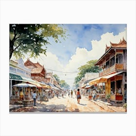 A Young Adventurer Meanders Through The Bustling Streets Of A Summer Town In Thailand Pastel Colore (4) Canvas Print