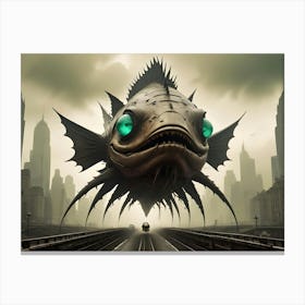 A Giant, Stylized Fish With Sharp Fins And Glowing Green Eyes Hovers Over A Cityscape, Creating A Sense Of Wonder, Fear, And A Surreal, Fantastical World Canvas Print