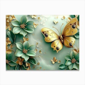 3d Abstract Floral Background with Green Flowers and Golden Butterfly 2 Canvas Print