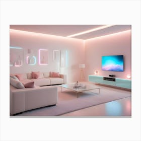 A Modern Living Room Interior With A White Sofa, Pink Accent Pillows, A Glass Coffee Table, A Pink And Blue Neon Light Installation, A Large Tv, And A Plant Canvas Print