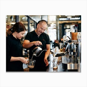 Barista Focused On Pouring Water Into A Step By Step Dripper Amid The Bustling Ambiance Of A Busy C 2 1 Canvas Print