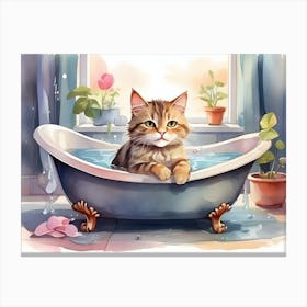 Cute Cat In The Bath Watercolor Art Canvas Print