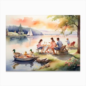 Family Picnic By The Lake Canvas Print