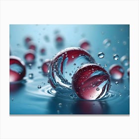 A Close Up Shot Of A Group Of Water Droplets, With One Larger Droplet In The Center And Smaller Droplets Surrounding It Canvas Print