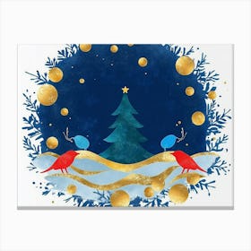 Dark Blue Art From The Contemporary Era Christmas Tree, Mountain, Deer, Birds, And Waves 1 Canvas Print