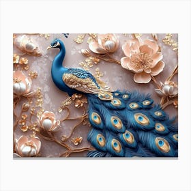 3d Peacock Illustration Background With Golden Jewelry And Flowers 1 Canvas Print