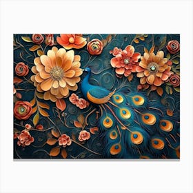 Peacock And Flowers 3 Canvas Print