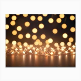 A Strand Of Star Shaped Christmas Lights Is Positioned On A Wooden Surface With A Background Of Blurred, Golden Circles Canvas Print