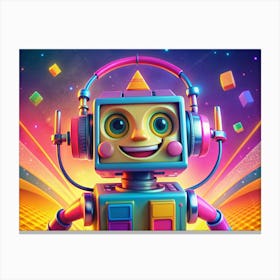 Colorful Retro Robot With Headphones Smiling Against A Neon Background Canvas Print