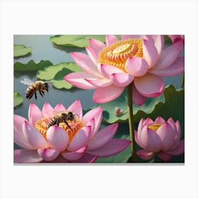 Bees On Lotus 1 Canvas Print