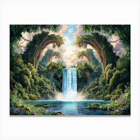 Majestic Waterfall Forest Flowers Painting #13 Canvas Print