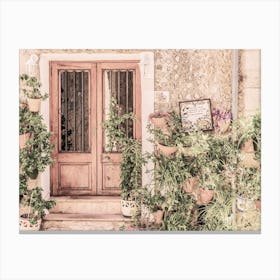 Rustic idyllic view of mediterranean house with potted plant decoration Canvas Print