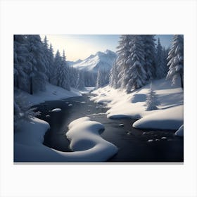 Snowy Landscape Of Trees And Stream Canvas Print