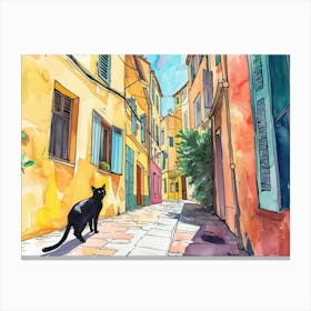 Marseille, France   Cat In Street Art Watercolour Painting 4 Canvas Print
