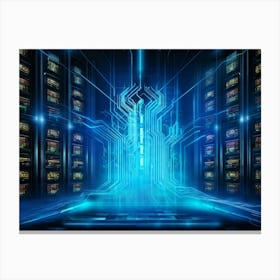 A Digital Painting Of An Abstract Cyber World In Which A Thick Neon Blue Firewall Serves As A Rugg (3) Canvas Print