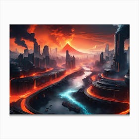 Cyberpunk city with lava and river 1 Canvas Print