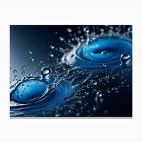 Two Blue Water Droplets Fall Into A Body Of Water, Creating A Splash With Ripples And Smaller Droplets Canvas Print