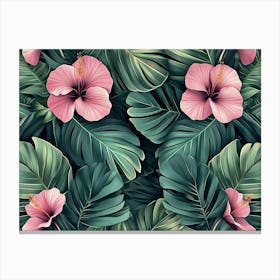 Tropical Seamless Pattern with Hibiscus Flowers, Beautiful Palm, Banana Leaves Canvas Print