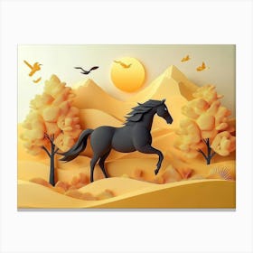 3d Horse And Golden Trees With Colored Mountains 1 Canvas Print