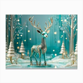 Whimsical Teal Deer Crafted From Ceramic And Metal In A Robotic Style Frolicks Amidst An Enchantin (1) Canvas Print