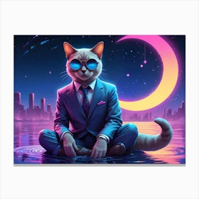 A Stylish Cat Wearing A Suit And Sunglasses Sits In A Meditative Pose On The Surface Of Water Canvas Print