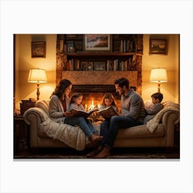 Cozy Room Interior In A Norman Rockwell Painting Style Family Of Four Engaged In A Shared Reading M (2) Canvas Print