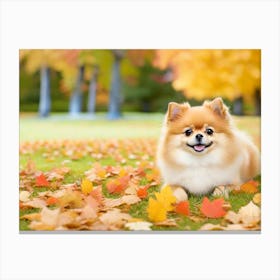 Pomeranian Dog In Autumn Leaves Canvas Print