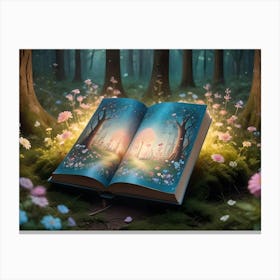 A Magical Forest Scene Depicted As An Open Book, Glowing With Light And Revealing A Fantastical Pathway Canvas Print