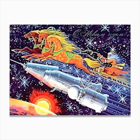 Santa Racing With Space Rockets, Soviet Vintage Holiday Poster, Space Race Era Canvas Print