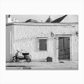 Vespa and a typical Italian house| Black and White Wall Art | Alberobello | Italy Canvas Print