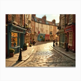 Uk Street Curving Gently Whimsical Claymation Style Buildings Lean Slightly As If Bending In The W Canvas Print