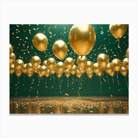 Rows Of Shiny, Gold Balloons Float Against A Green Background With Falling Confetti And A Reflective Surface Below Canvas Print