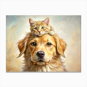 Golden Retriever Dog With Kitten On Head Canvas Print