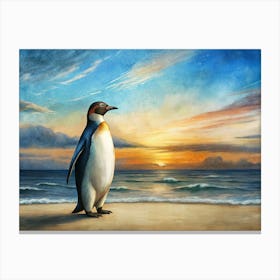 Emperor Penguin On A Beach At Sunset Canvas Print