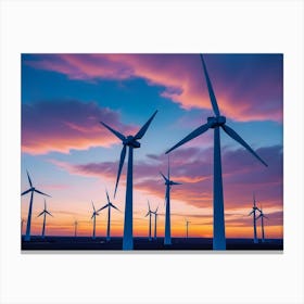 Wind Turbines In A Field Silhouetted Against A Dramatic Sunset Sky Canvas Print